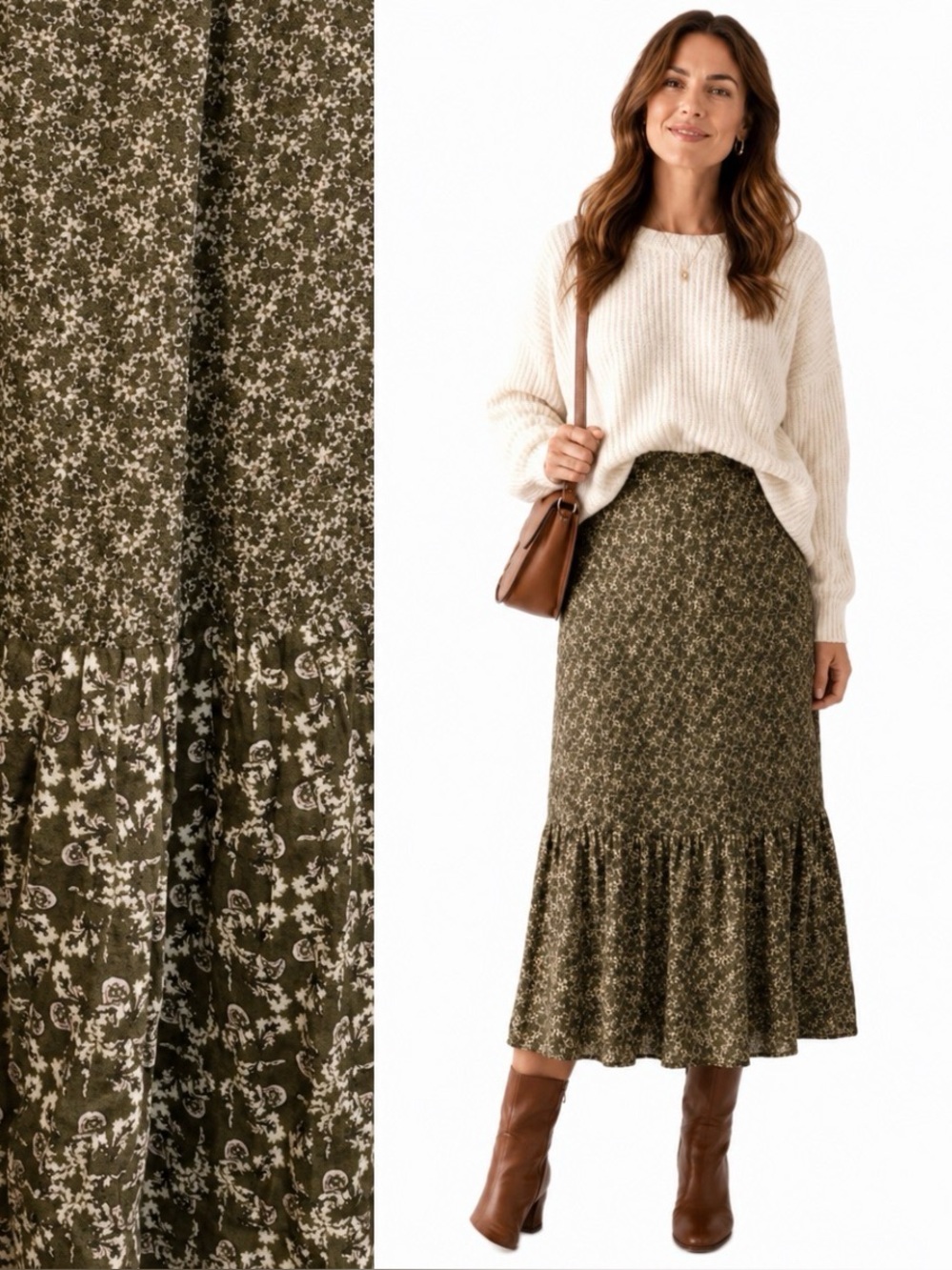Massimo Dutti, Floral Patterned olive green Patterned Skirt, Size L